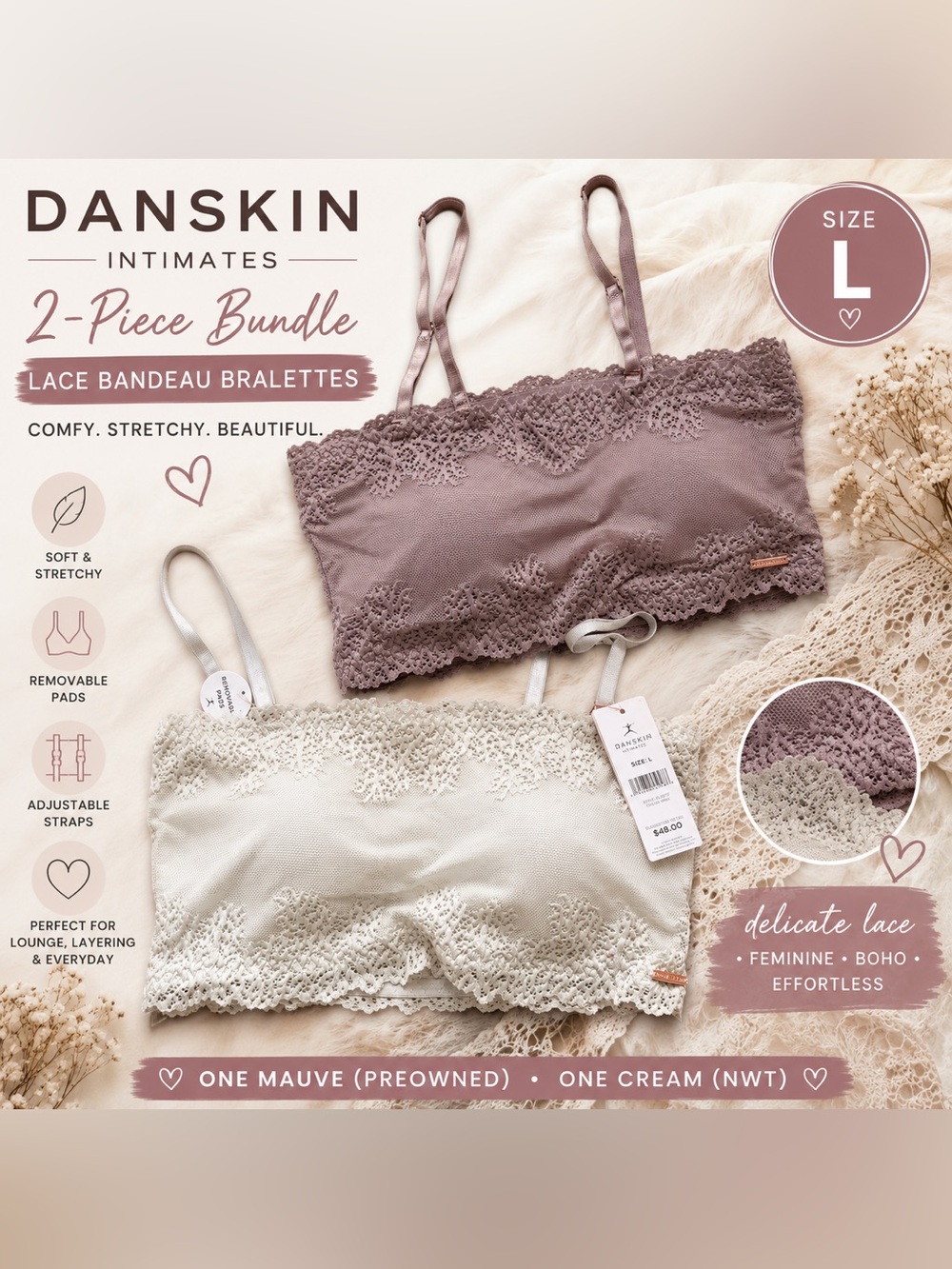 Danskin Intimates Lace Bandeau Bralette Bundle Size L Nude Mauve Cream Boho